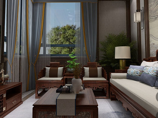 别墅会客室新中式古典之线象空间设计禧上全案整装