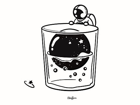 手绘黑白插画｜星星和酒