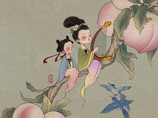 仿工笔插画——仙桃压枝垂