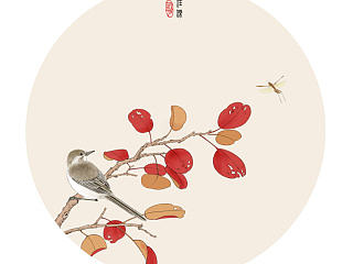 红叶灰雀图（凌粤轩画品）纯Painter手绘