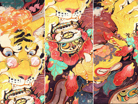 2022虎年国潮插画《惊诧》