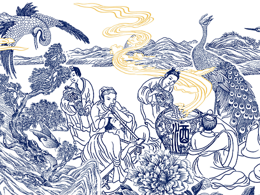 ​酒神铜版画，白酒包装插画设计