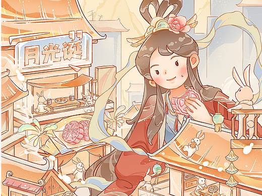 中秋原创国风插图《兔之城》