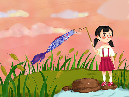 鲤鱼旗小女孩插画（个人主页-ZNDI1NzAyMDA=） - 儿童插画 - 站酷设计师盐盐圈原创素材 - 站酷ZCOOL
