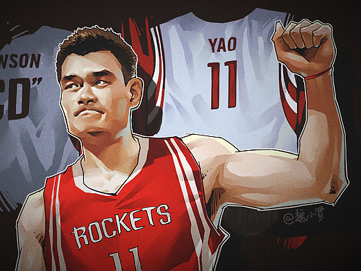 nba火箭球星姚明球衣退役篮球插画,美漫卡通