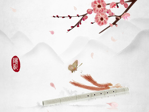 玉笛古笛蝴蝶古风春分春天四季桃枝桃花24节气