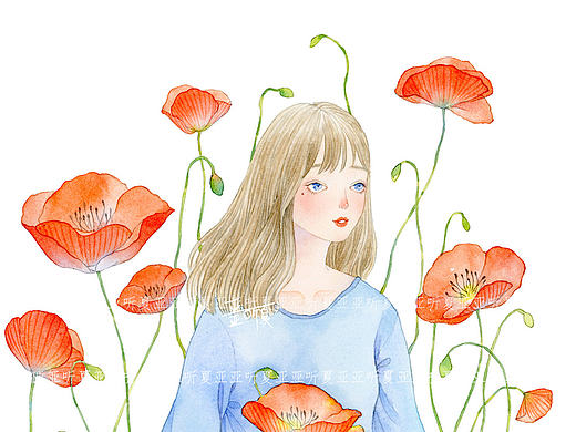 《虞美人花丛里的女孩》水彩绘图过程