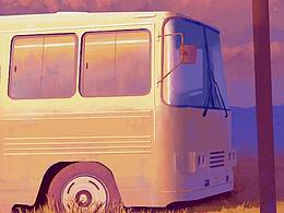 夕阳下的旧巴士