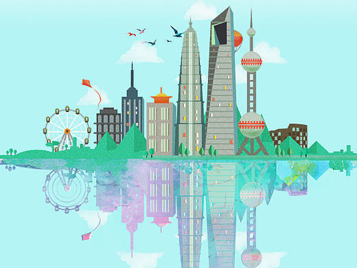 清新唯美城市商业插画