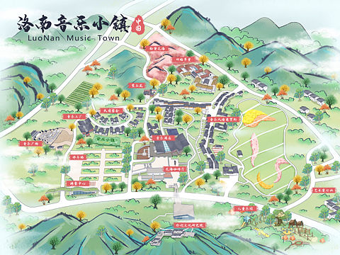 陕西洛南音乐小镇旅游手绘地图定制设计导览地图开发