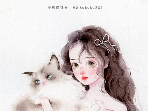 水彩手绘人物插画水彩教程卡通插画头像唯美抱猫少女壁