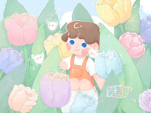 儿童插画-花丛里捕捉到了一只小可爱