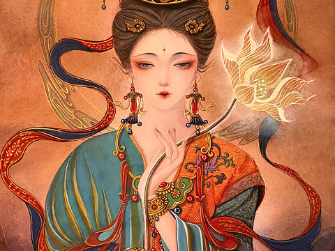 原创敦煌水彩插画美女