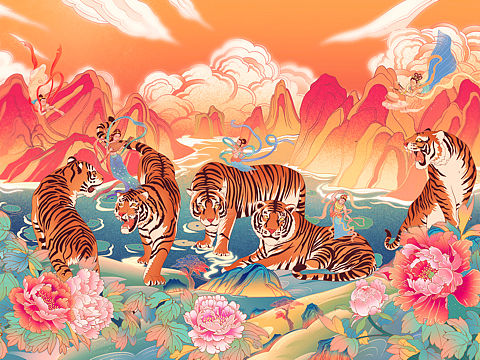 中国风五虎图