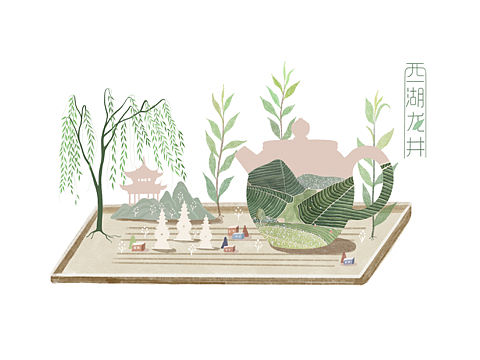 西湖龙井茶叶包装插画设计