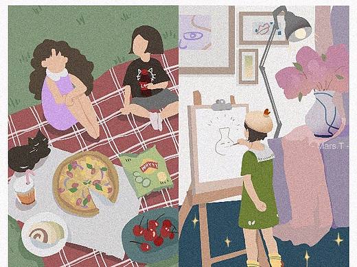 阿宅少女日常–扁平风格插画