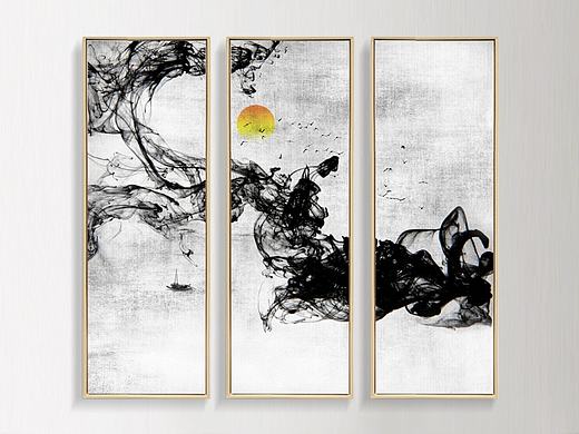 新中式装饰画-抽象烟雾水墨山水画客厅挂画三联画无框画