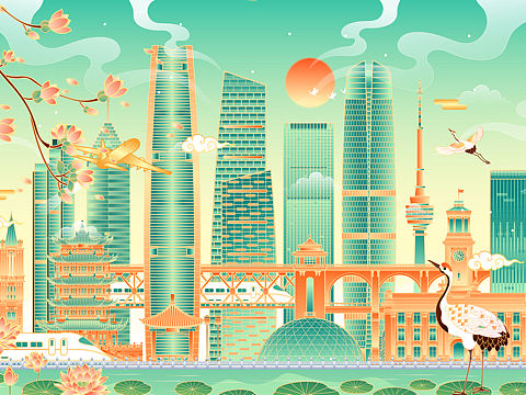 湖北武汉山东济南北京城市地标建筑矢量插画