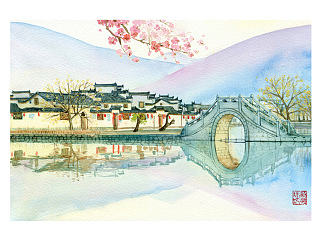 手绘城市系列——《安徽宏村》