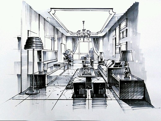 客厅空间一点透视黑白效果绘制步骤图.