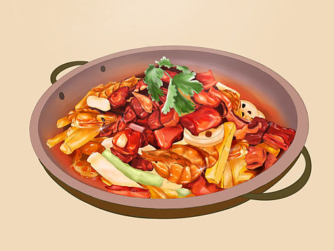 羊排虾干锅美食插画