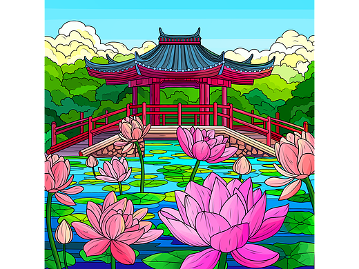 填色游戏插画-建筑场景-中式建筑