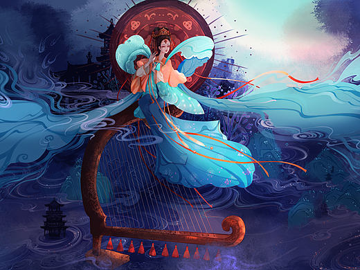 古风插画敦煌乐器打卡