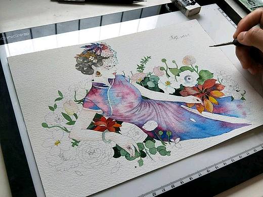 复古旗袍女子系列，水彩插画
