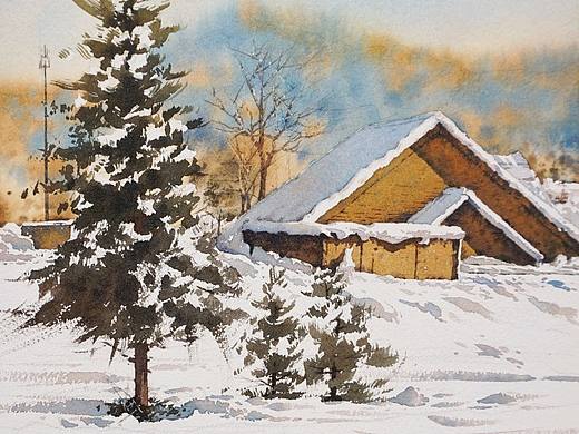 水彩作品《禾木雪景》附过程图