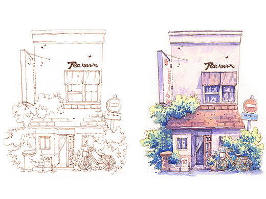【钢笔淡彩】小店铺