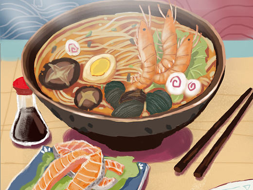 手绘插画海鲜拉面