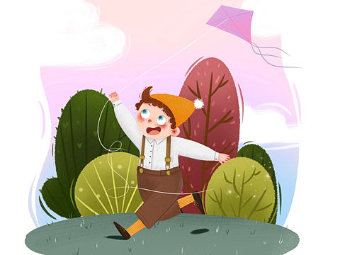 儿童插画 放风筝 树洞里的秘密