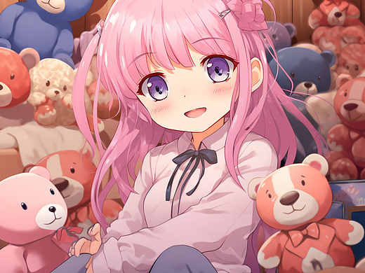 卡哇伊风格粉色发女孩与泰迪熊