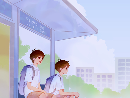 封面青春唯美夏季男生车站海报背景插画