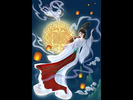 中秋节插画——嫦娥奔月  饼