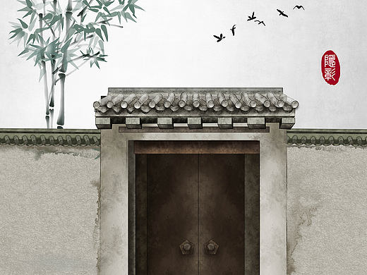 中式门竹子古建筑古门飞鸟古风水墨画古风插画