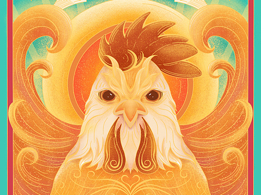 新国风十二生肖插画海报-金鸡报晓