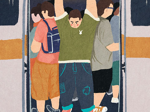 城市中挤地铁的打工人