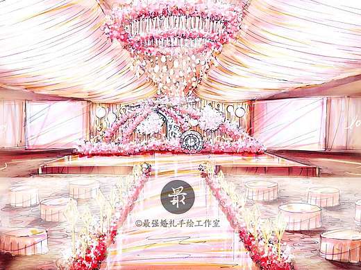 【婚礼手绘】纸面手绘—粉色厅内效果图