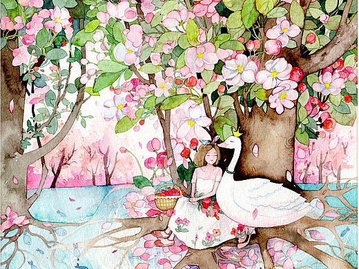 意境插图,水彩唯美花朵.,小说书籍封面插画,少女风格插画,包装设计插图