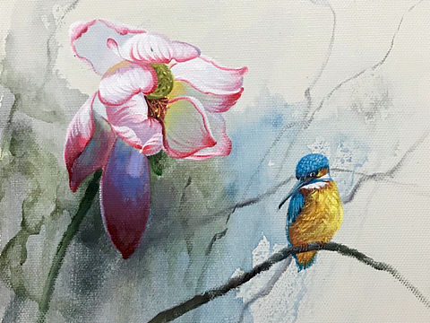 谢志敢油画作品【荷花鸟】