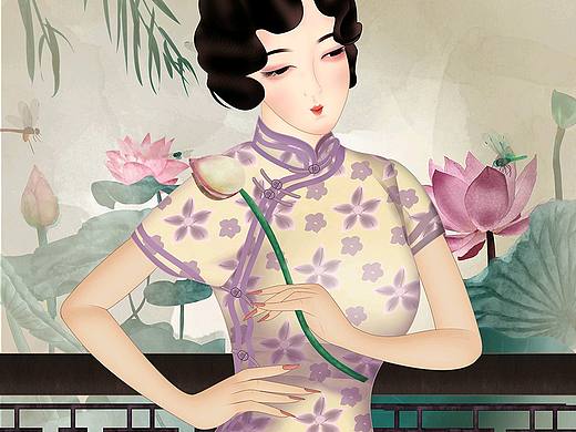 旗袍之美《荷塘杨柳持荷美人》