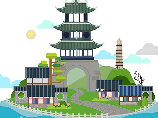 扁平风格的建筑小景