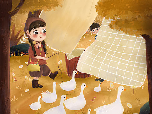 赶鸭子的小女孩