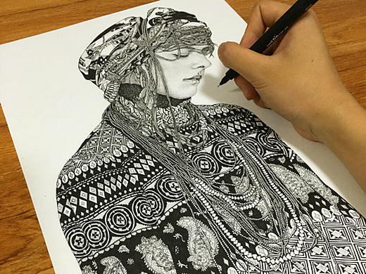 女孩 61 点线面针管笔插画-创作习作867728533吴红真同學6年前