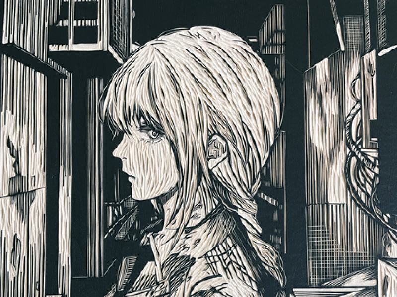 原创纯手工黑白木刻版画狼