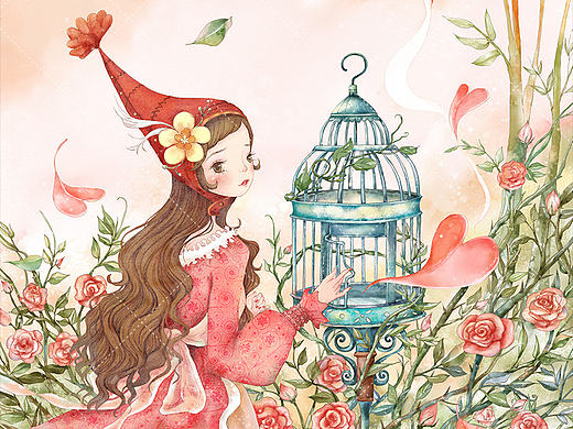 玫瑰少女插画过程
