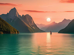 青山綠水夕陽下行駛的帆船