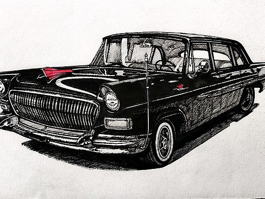 汽车手绘中性笔画之红旗轿车ca72