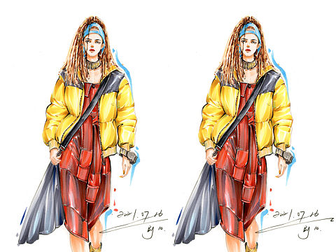 服装设计考研手绘——羽绒➕格纹面料表现